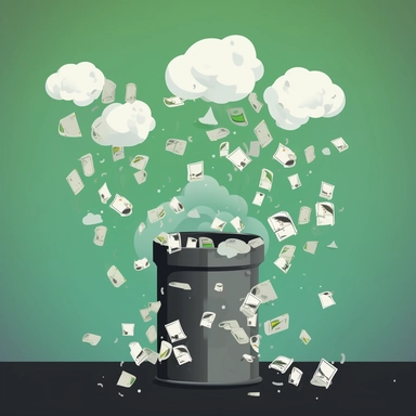 cloud waste, cloud computer icon, server icon, database icon, dollar bills, falling from sky to a trash can, clip art, vector illustration, 8k resolution