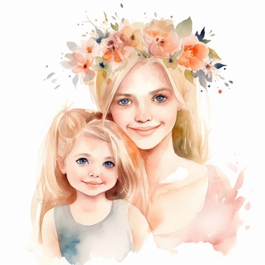 Blond mother's day watercolor illustration, with her daughter, cute happy family, watercolor clipart, watercolor splashes, cartoon style, white background