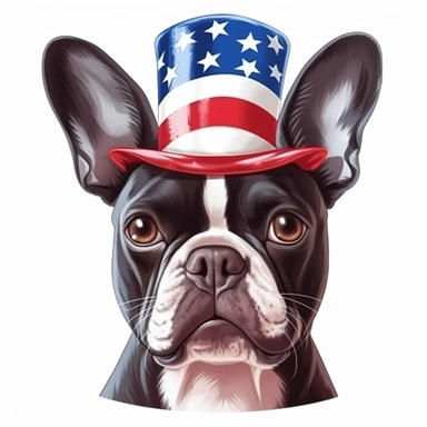 sticker, white background, french bulldog, open mouth, in style Independence Day in usa, hat with an american flag, clipart