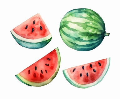 watercolor four whole watermelon fruits clipart, flat style, no volume, few details, washed out, minimalistic style, very lose details, very light colors, transparent colors, light airy hues and pastel tones, spaced out, white background, washed out colors and paint, hand-painted watercolor, watercolor spray, watercolor splash, splatters and paint smudges on top of each Watermelon, watercolor paper with visible rough paper texture, a variety of watercolor brushes, do not cross workspace borders,