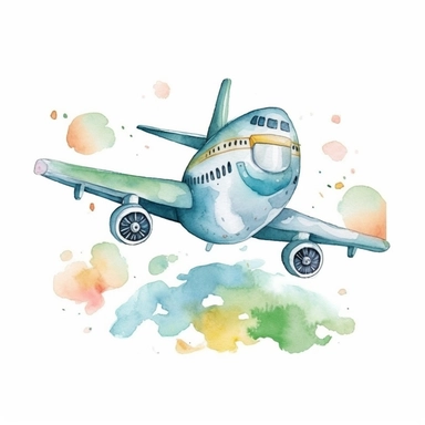 airplane, watercolor, doodle,fable, child book, clip art, transparent background, 300 dpi, nursery illustration, minimalist, vector illustration, optimistic -