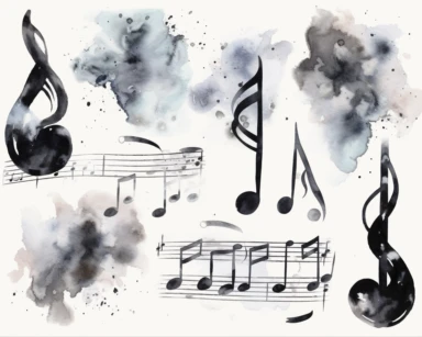 watercolor black and white music notes clip art, 8k , 600 dpi