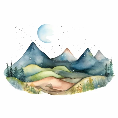 Simple mountain range with Whimsical rolling hills and mountains for a children's book, night scene, watercolor, clipart, white background