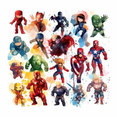 Marvel superheroes by Eric Carle, watercolor clipart, Sublimation graphics, 8k, single design, print on demand image, PNG transparent background