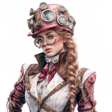 Solid white background. Waist-up portrait of a beautiful steampunk lady with a mesmerizing gaze and a faint smile. Her snow-white skin tone contrasts her pastel ruby and copper attire, which features Victorian-era details and steampunk mechanical motifs. Her hat, adorned with built-in goggles, enhances her ensemble. The backdrop lacks steampunk elements. Pastel clipart, hyper-realistic, retro-futurism, solid white background