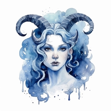 gorgeous capricorn woman illustration in watercolor, indigo color, pop surrealism, clipart, white background