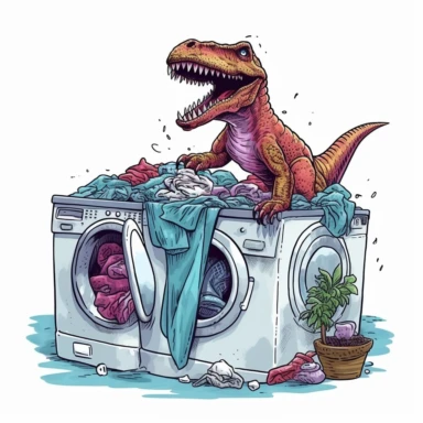 Clip art of a trex trying to do laundry but his arms are too small