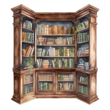 a watercolor of a realistic library bookshelf, victorian style, vector free clipart illustration, in the style of unreal engine 5, 32k uhd, detailed features, white background