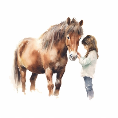realistic watercolor drawing of a woman hand feeding a pony on a charming farm, on a white background where the background will be removed to repurpose as a clipart.