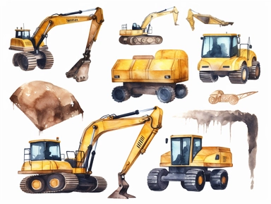 watercolor construction clip art for kids , escavator, backhoe digger, bulldozer, caterpillar, white background,