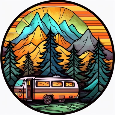 Stained Glass Camper in the mountains in the shape of a circle PNG Clipart