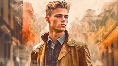 beautiful stunning pretty vintage bladerunner style young man, paint art style, clipart, city landscape background, superrealistic, one of a kind