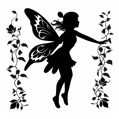 the image of a small black Pixie flying on white is shown, in the style of stencil art, heavy outlines, flickr, hard edge, sculpted, woodcut, clipart cut file cuttable cricut vector