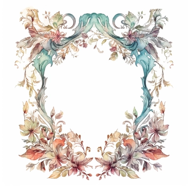 Enchanting Hand-Drawn Baroque Frames: A Whimsical, Floral Fantasy - Digital Clipart with Ornate Leaves and Delicate Watercolor Borders, isolated on a white background, single design, 4k