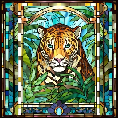 Rectangular stained glass window design, square corners 90 degrees, no background, view from solarium in the atrium, leopard in the rainforest, very detailed, clipart, clear crisp colors, photorealistic, oil paint, happy, beautiful, bright colors, cute, ultra-detailed, on a white background - - no cropping