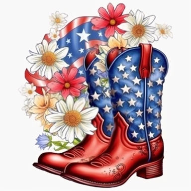 American flag with Cowboy boots Flower Sublimation Clipart, Cartoon funny, Cute anime, Very detailed, Colorful firework sky background--v 5
