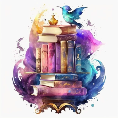 Watercolor Fantasy Books Clipart, galaxy wizard book stacks and shelves beautiful separate, individual images of bookshelves, magic scrolls, quill pens, inkwell, and book stacks in fantasy watercolor style, with gold and galaxy colors.