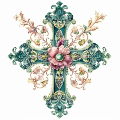 watercolor victorian intricate filigree flower cross clipart, center design, symmetry, realistic, divine