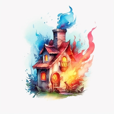 watercolor cute fire fairy House, wings, flame around, detailed, hd, clipart