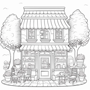 coloring book page, fantasy, bakery windows, clipart, image of cute bakery, coffee shop, simple and cute, tree on the side, little bench in front, with awning, no street, for watercolor painting, clean and simple line art to paint decorative