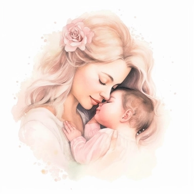 Illustrate a heartwarming watercolor clipart in soft pastel pink hues of a mother bestowing a gentle kiss on her baby girl's lips, capturing a moment of deep affection. Their faces, depicted with real and intricate details, should be on a white background.