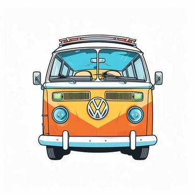 front of VW hippie van clipart with white background, simple, cartoon style