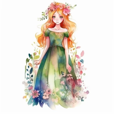 .''princess flora full body watercolour clipart high quality'' smilee face large dress