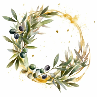 Wedding card, watercolor olive branch wreath, large circle, gold accents, small olives, large olive leaves, clipart, wedding, on white background