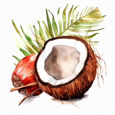 one coconut watercolor clipart on a white background, in the style of hyperrealistic murals, silver and red, uhd image, light black and crimson, gray and crimson, no watermark, text, words, paintbrush, 300 DPI , typography, the images do not stick together, no text in the picture, there are no words in the tree