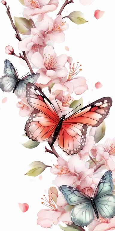 clipart Watercolor art of a cherry blossom branches, and butterflies, with soft pastel hues, illustration in the style of Ayami Kojima and J.C. Leyendecker, pixiv, high quality, highly detailed,on white background,fit image on paper, align center and middle, iw 0.75