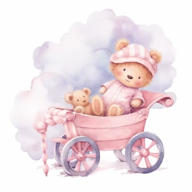 clipart, a whimsical illustration of a contented, loving and angelic baby teddy bear, wearing pajamas and pajamas hat, sleeping on a baby cart, surrendered by pink fluffy clouds, Use a smooth and light watercolor technique to give the artwork a dreamy and ethereal quality