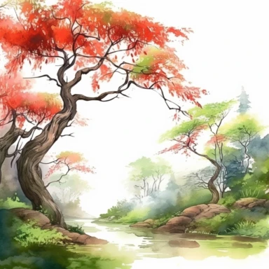 Watercolor, Japanese Maple Trees, old, long branches, Clipart, springtime japanese trees, forest, grass, white background