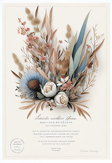 beautiful, intricate, sharp focus, light blue, tan, and pink flowers, boho wedding invitation with white fluffy tail flowers, dried grasses, show entire invitation, no border, clipart, on white background, flat lay, extreme detail, wedding invitation,