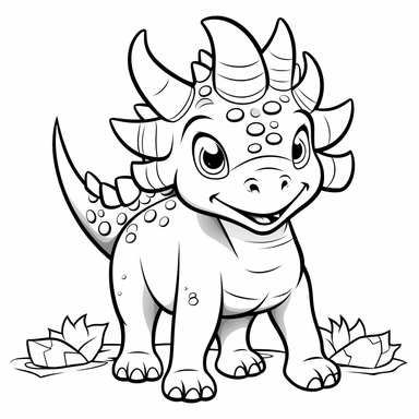 prehistoric Triceratops with three corn coloring pages | prehistoric Triceratops with three corn coloring pages free | baby Triceratops with three corn printable coloring clipart, in the style of black and white, simplistic cartoon, light white and gray, uhd image, whimsical comic strip, dotted
