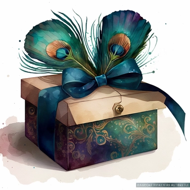 clipart watercolor flat box in peacock pattern with huge long bow on top