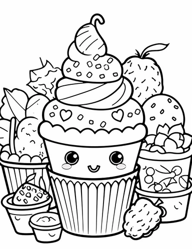 Kawaii Ice Cream with delightful designs and flavors, like blueberry, chocolate chip, and banana For Simple Coloring page,line art, thick lines, black and white,clipart, illustration, on white background,margin Page 10px