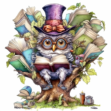 COMIC/CARTOON fantasy magical wacky owl reading books in a huge tree,large eyeglasses, hats, muted colors, swirls, twists, twirls, metallic, glitter, stylized, funny, centered, airbrushed, digital oil, detailed illustration, clip art, cartoon, 8k, ar 9:8