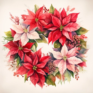 Watercolor Painting of beautiful multi - headed Poinsettia Wreath FLOWERS on white background DETAILED ILUSTRATION, Flora Design Patterns, Flemish Baroque by Rachel Ruysch, Behance, Rococo, Intricate Detailed, Soft Light Effect, Oil Paint Strokes, Light Academia Aesthetic Flowers, Lighting cinematic, all shown shimmering stamens, tyndall light, texture, colorful, 8k, fantasy, ray tracing, vivid, spectacular lighting, octane rendering, highly detailed, ultra - realistic, white background, clipart