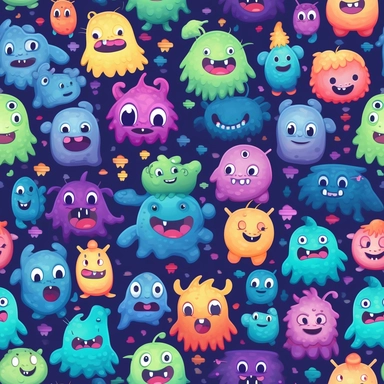 emoji clipart as cute monsters, seemless pattern, high res, iridescent, some bioluminescent,