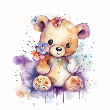 watercolor teddy bear with flowers, clipart , cute, alcohol ink, splatter effect