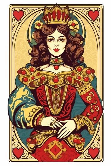 Queen of Hearts, tarot deck, Love theme, very vibrant colors, cartoon style, white background, clipart, 2D, colorful, HD