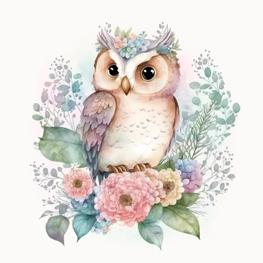 watercolor cute cartoon fantasy owl defined edges Floral Clipart pastel color white background
