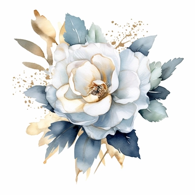 One Dusty blue and white austin rose flower, big blooms, with muted green whispy foliage with gold flicks, elegant and beautiful floral clipart for wedding invitations, delicate, watercolor, oil painting, defined edge on white background