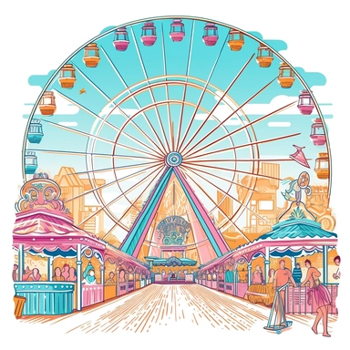 professional high quality clipart circular composition isolated on white background, vector of New Jersey boardwalk scene with ferris wheel, cotton candy, and art nouveau details, illustrator, flat color, professional clipart, closeup shot, bright pastel color palette of pink, lavender, teal blue, and light orange and pale green, epic composition on white background,