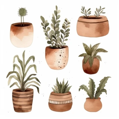 6 spaced out clipart, watercolor cute boho house plants, neutral tones