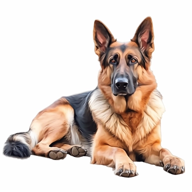 german shepherd digital painting and drawing, clipart, full body, hyper - realistic animal illustration, childlike, free brushwork, white background, lying down
