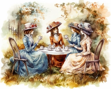 complex watercolor illustration of four victorian women/ladies having a Garden Tea party in a euphoric autumn landscape, cottagecore, in KARL MARTENS style isolated,concept,art,8k,hd,watercolor,detailed,white backround,clipart
