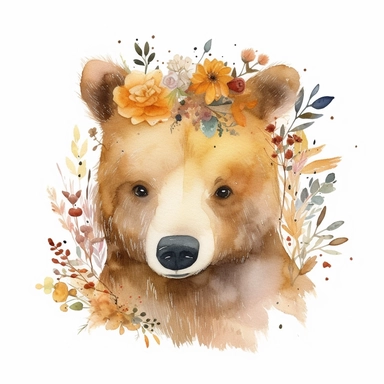 Hand Painted Watercolor bear head with pressed fall flowers Clipart, white background, cute illustration