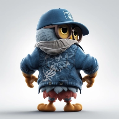please create pixar style character clipart of an owl dressed like a rapper, back view with arms flexing