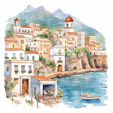 The Amalfi Coast, Italy, watercolor Clipart, watercolor Sublimation graphics, hand drawn illustration by katie daisy, Watercolor clipart, single design, single object, print on demand image, PNG transparent background, white background for removing background - - no text shadow font watermark, 8k
